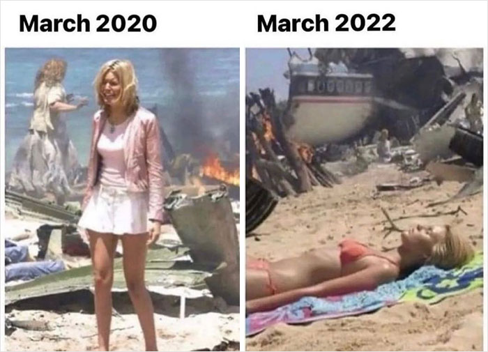 Comparison meme showing a woman on a beach surrounded by wreckage in 2020, then relaxing in a bikini in 2022.