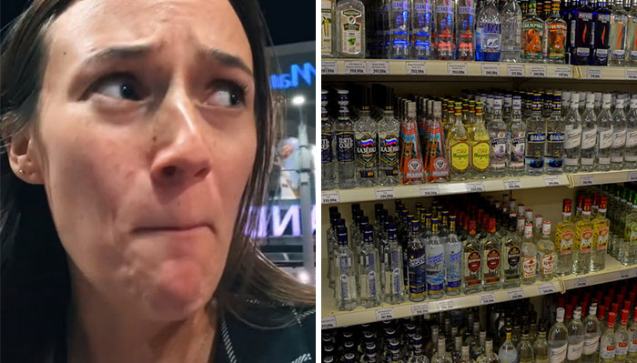 Woman reacting to culture shock while viewing a liquor store shelf, highlighting differences in American culture and customs.
