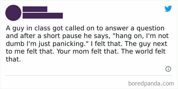 Text meme about social anxiety, depicting a student's humorous response in class, highlighting shared feelings.