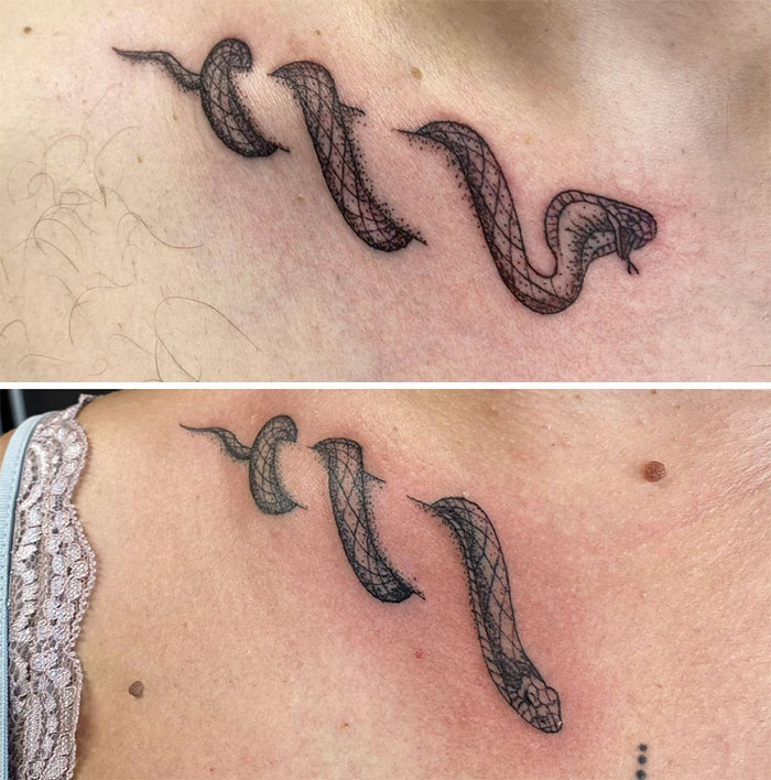 Snake tattoos on brother and sister, symbolizing connection and unity.