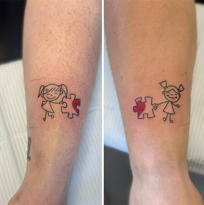 Simple brother and sister tattoos with puzzle pieces completing each other, symbolizing connection and unity.