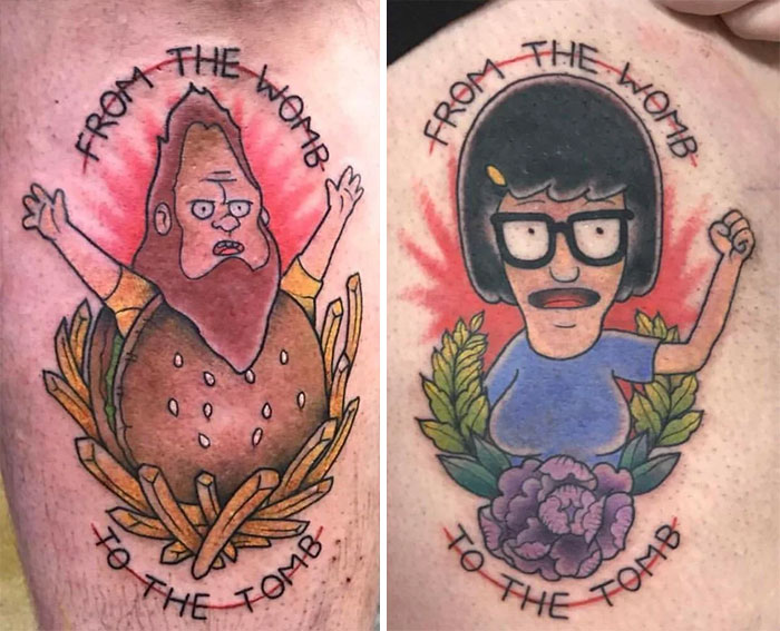 Brother and sister tattoos featuring cartoon characters with "From the Womb to the Tomb" text.
