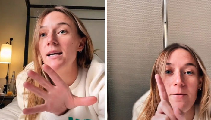 TikToker from New Zealand sharing culture shock and differences after relocating to the US, explaining with hand gestures.