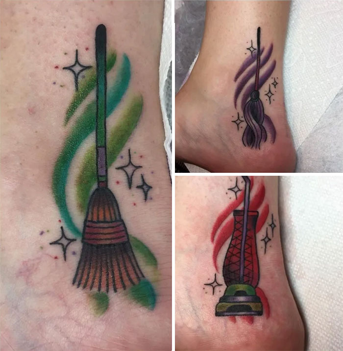 Brother and sister tattoos of a broom, mop, and vacuum with colorful swirls and stars.
