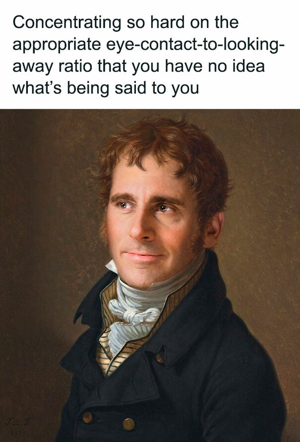 Vintage portrait with text about social anxiety and eye contact, highlighting struggles faced by certain minds.