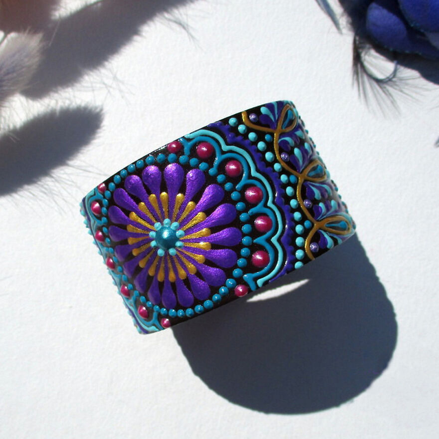 I Painted These Leather Cuff Bracelets With Acrylic Paints Using The Dot Art Technique.