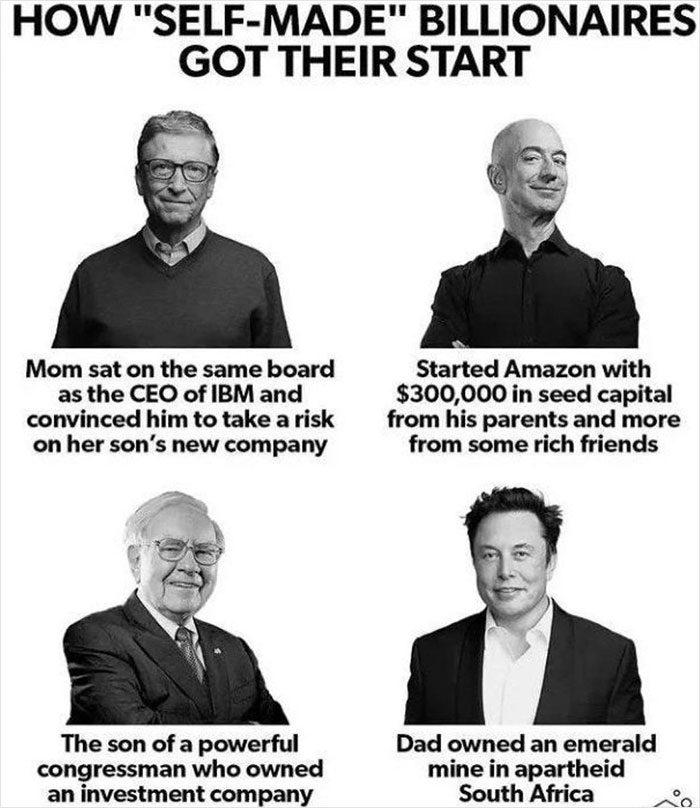 Four memes humorously depict how self-made billionaires got their start, highlighting familial and financial advantages.