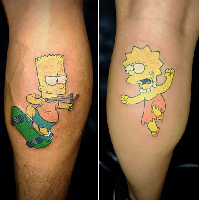 Brother and sister tattoos featuring animated characters Bart and Lisa on legs.