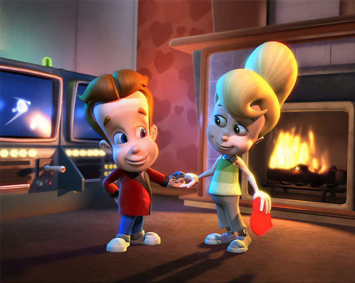 Cartoon couple holding hands by a cozy fireplace, showcasing their sweet love.