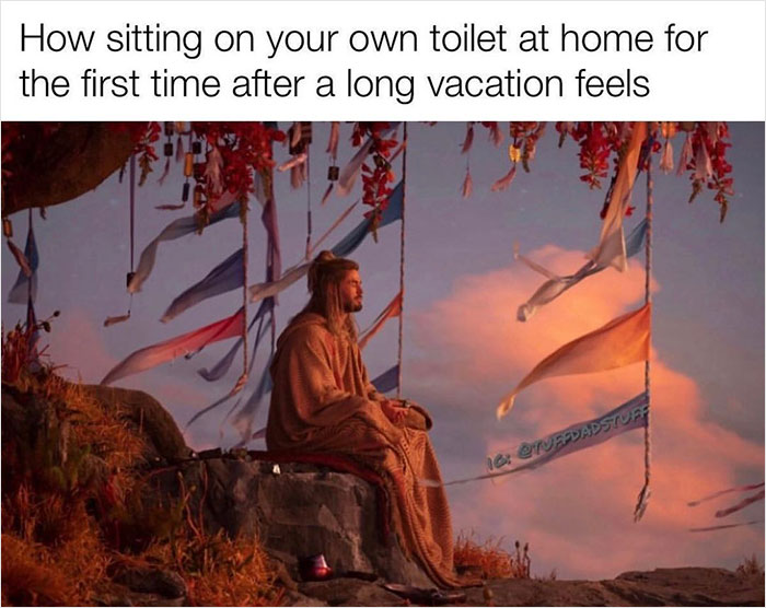 Everyday life meme of a serene person sitting, capturing the joy of returning home after a vacation.