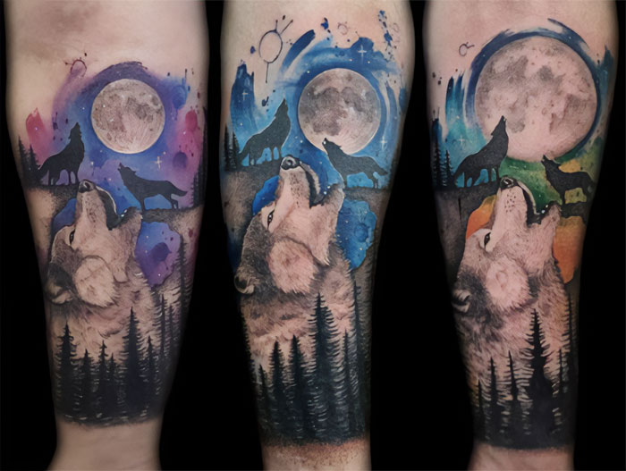 Wolf and moon themed brother and sister tattoos featuring colorful backgrounds and trees.