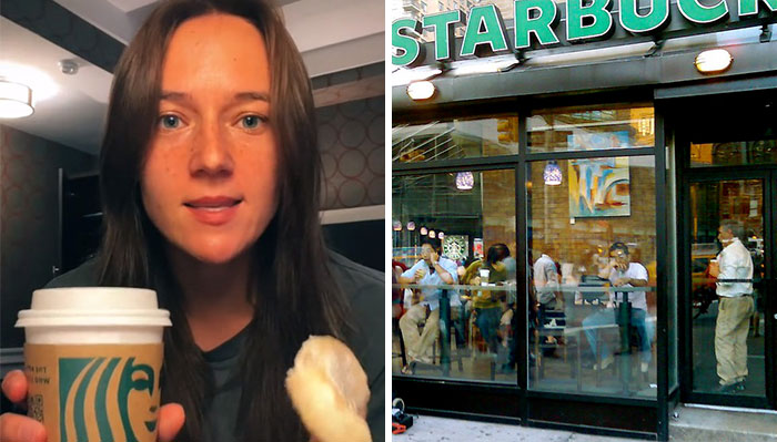Woman from New Zealand sharing culture shock experiences after relocating to the US, holding Starbucks coffee cup indoors.
