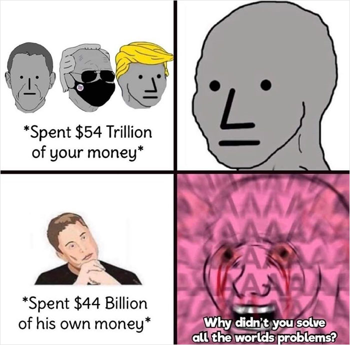 Everyday life memes featuring spending money comparisons and questioning world problem solutions.