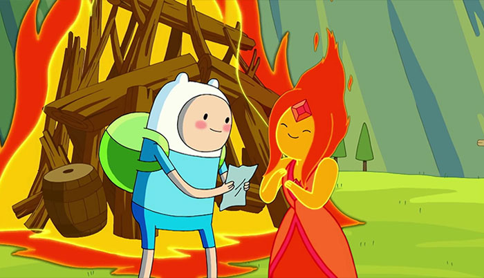 Cartoon couple in a forest setting, with a wooden structure on fire, sharing a sweet moment.