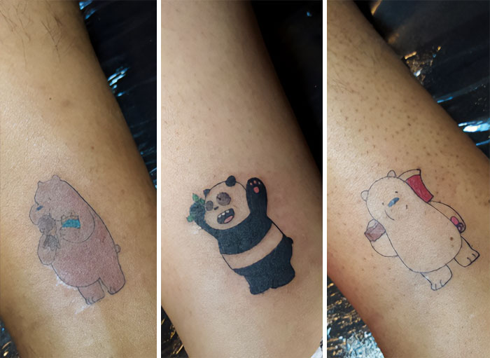 Small simple brother and sister tattoos featuring cute cartoon animals on forearms.