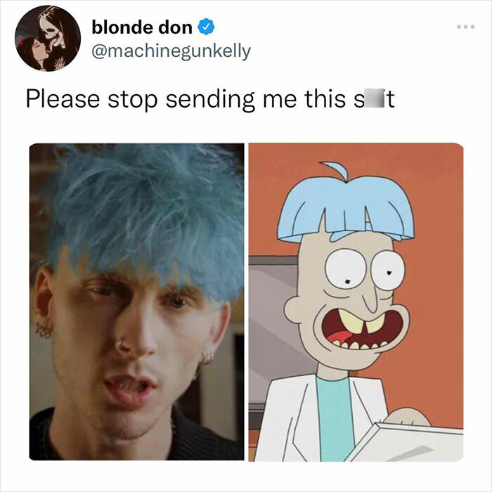 Split image comparing a person with blue hair to a cartoon character with similar hair, referencing everyday life memes.
