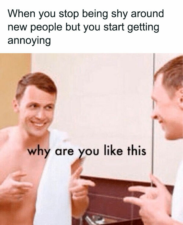 Man pointing at his mirror reflection, with text about social anxiety humor.