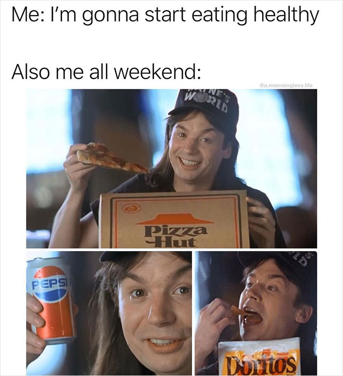 A man humorously enjoying pizza, Pepsi, and Doritos, capturing the essence of everyday life memes.