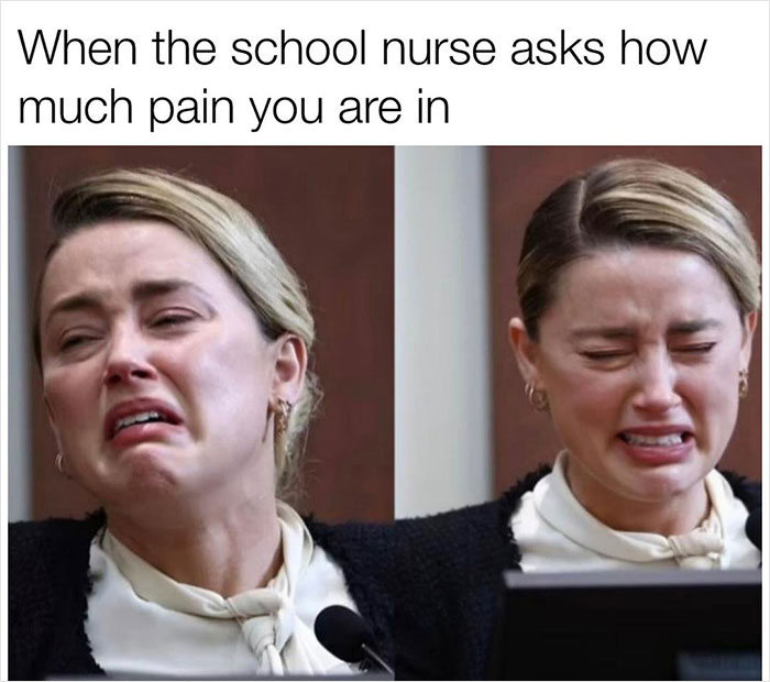 Person making a pained expression, illustrating an everyday life meme about school nurse visits.