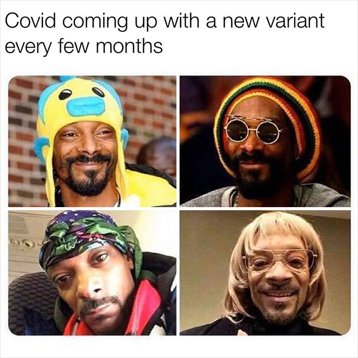 Everyday life meme showing a man in different hats, humorously likened to Covid variants appearing over time.