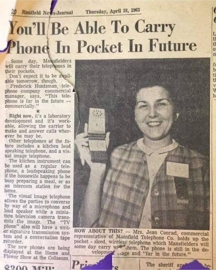 Vintage photography of woman holding prototype portable phone from 1963 newspaper, featuring weird history facts.