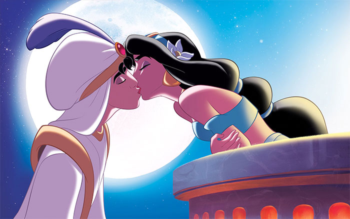 Cartoon couple sharing a romantic kiss under the moonlight.