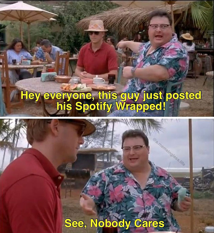 Two people discussing "Spotify Wrapped" in a humorous meme, with one person gesturing dismissively.