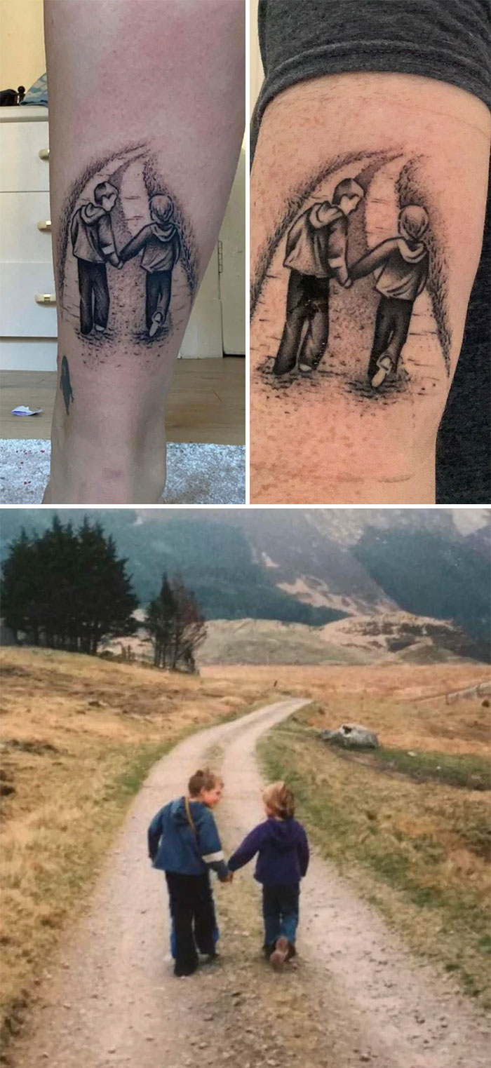Brother and sister tattoos depicting children holding hands, inspired by a real-life photo of them walking on a path.