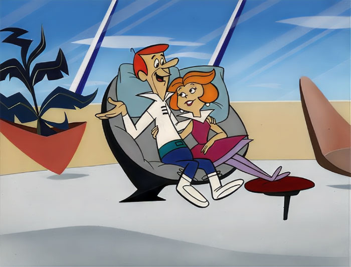 Cartoon couple sitting together, smiling in a futuristic living room setting.