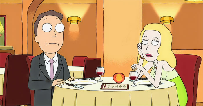 Cartoon couple dining together at a restaurant, sitting across from each other with wine glasses and a menu on the table.