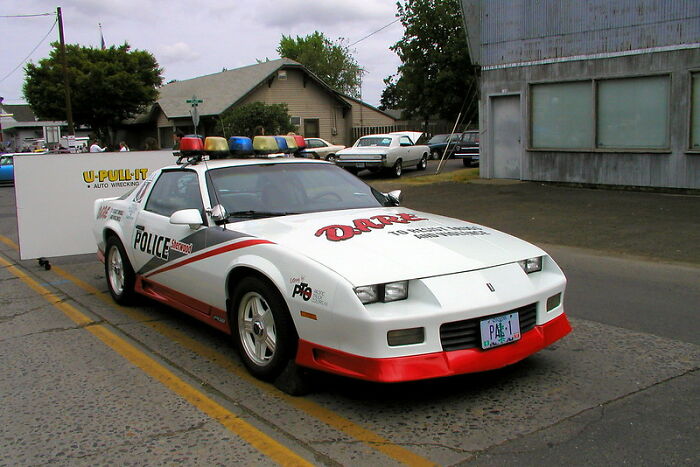 Vintage police car with red and blue lights parked on a suburban street, illustrating road safety and law enforcement themes.
