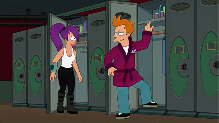 Cartoon couple in a locker room, the man wearing a robe and the woman in a tank top, sharing a lighthearted moment.