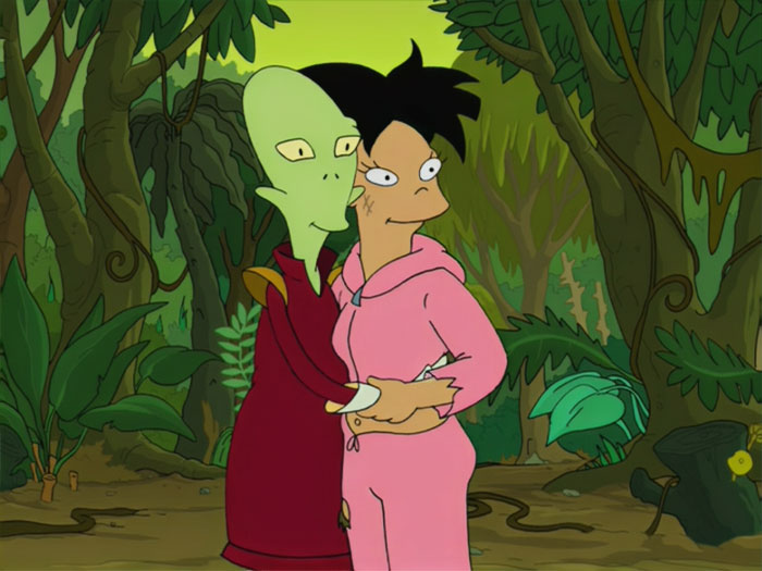 Cartoon couple embracing in a jungle setting, showcasing love.