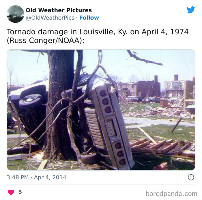 Tornado damage showing an overturned car against a tree amid debris in Louisville, illustrating extreme and crazy weather examples.
