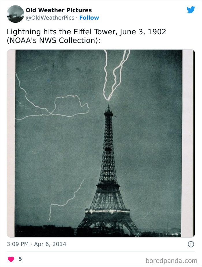 Lightning striking the Eiffel Tower in 1902, showcasing an extreme weather example from the past.