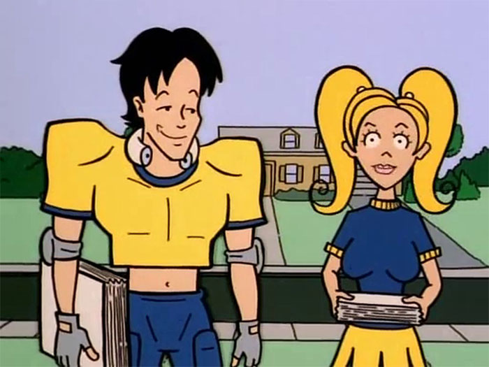 Cartoon couple standing together, with the male character in a football uniform and the female character holding books.