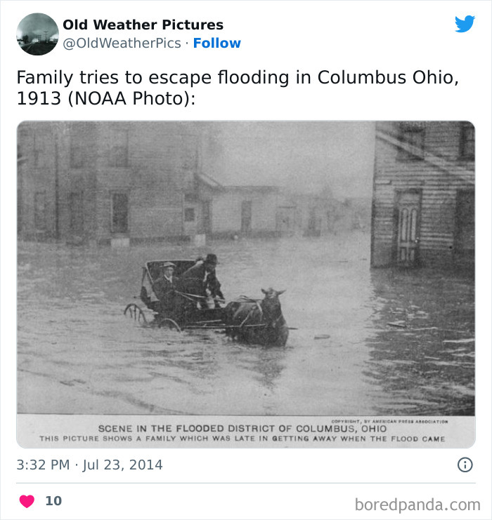 Family escaping extreme flooding in Columbus Ohio in 1913 using a horse-drawn carriage amid severe weather conditions.