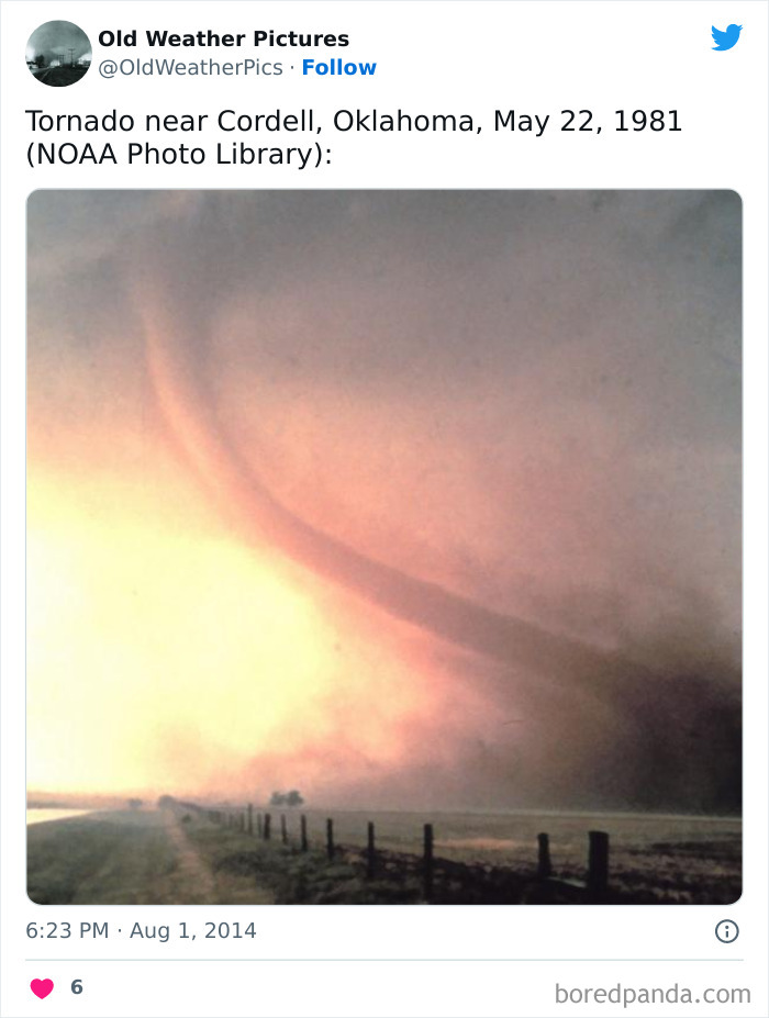 Tornado near Cordell Oklahoma in 1981 showing an extreme and crazy weather event with a funnel cloud over farmland.