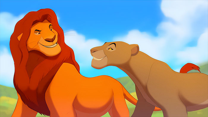 Cartoon couple of lions in a playful and loving scene, set against a bright sky backdrop, embodying sweet love.