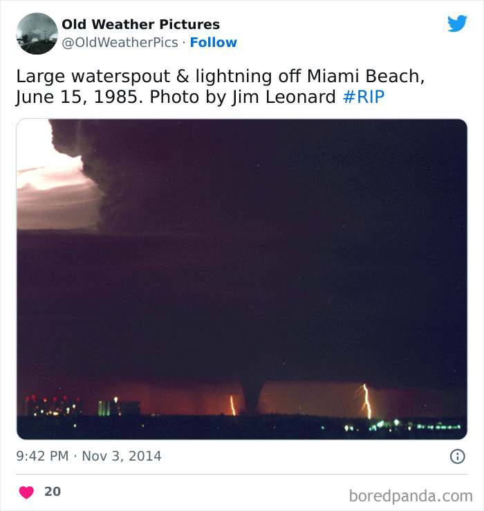 Large waterspout and lightning storm over Miami Beach, showcasing extreme and crazy weather examples from the past.