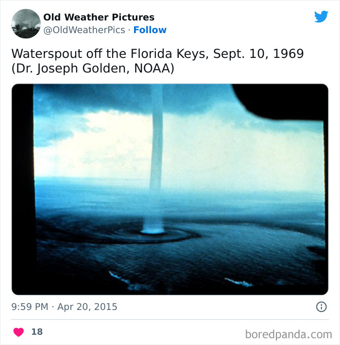 Waterspout over the Florida Keys on September 10, 1969, showing an extreme and crazy weather event at sea.