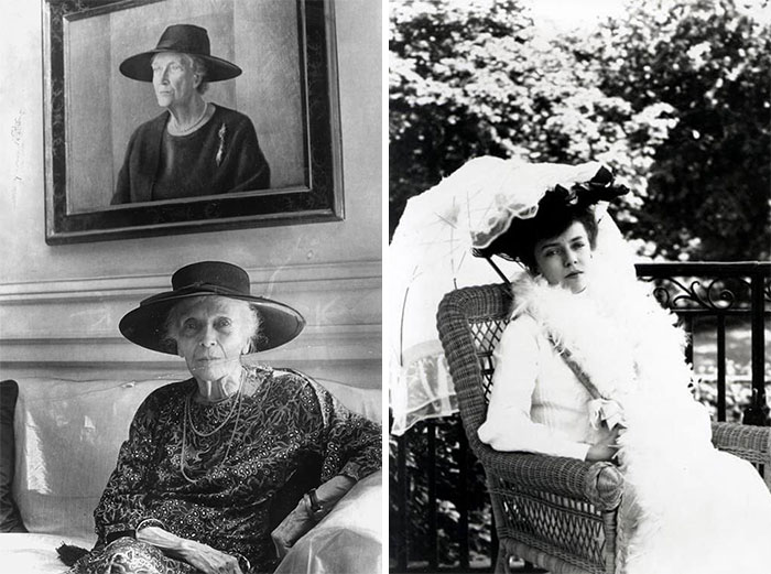 Elderly woman in vintage attire with portrait, next to a woman in Victorian dress holding a parasol, highlighting weird history.