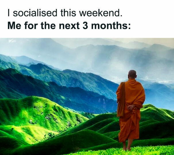 Monk in orange robe standing on green hills with a text about social anxiety after socializing, illustrating social anxiety.
