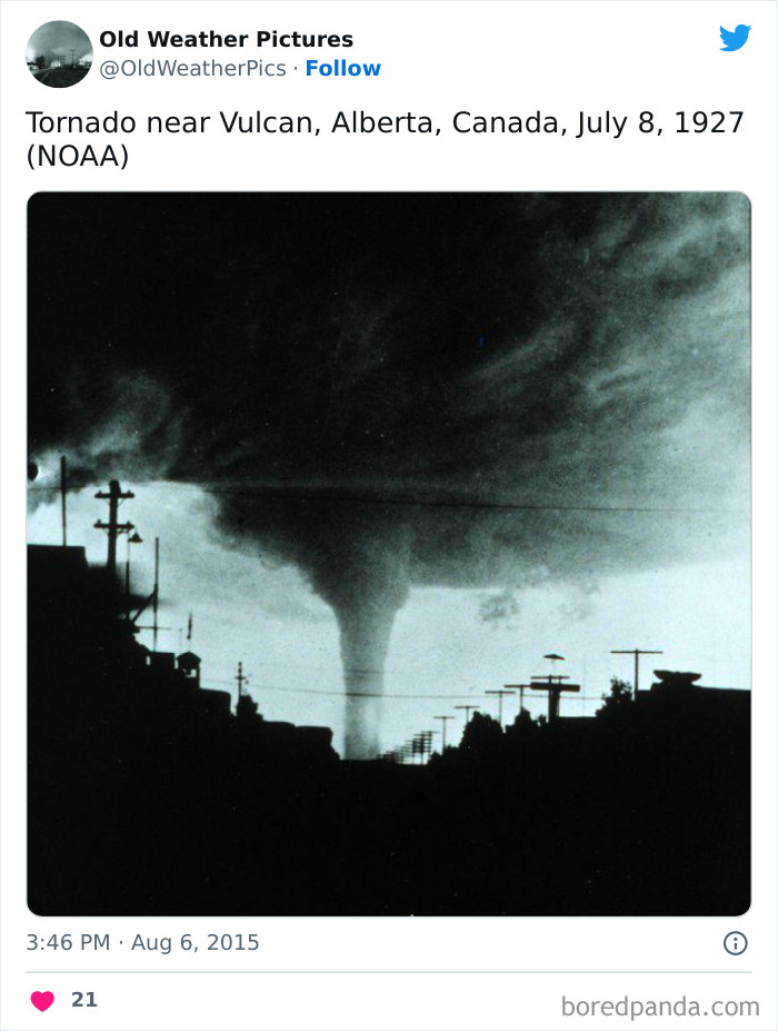 Black and white photo of an extreme tornado near Vulcan, Alberta, showcasing crazy weather examples from history.