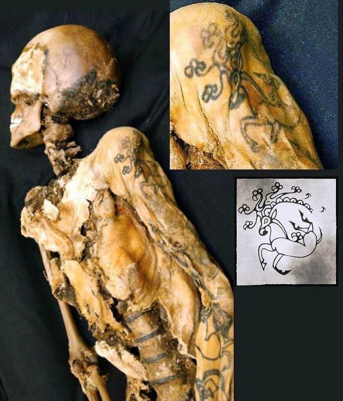 Ancient figure with beautifully executed tattoos and matching illustration, showcasing creative tattoo ideas.