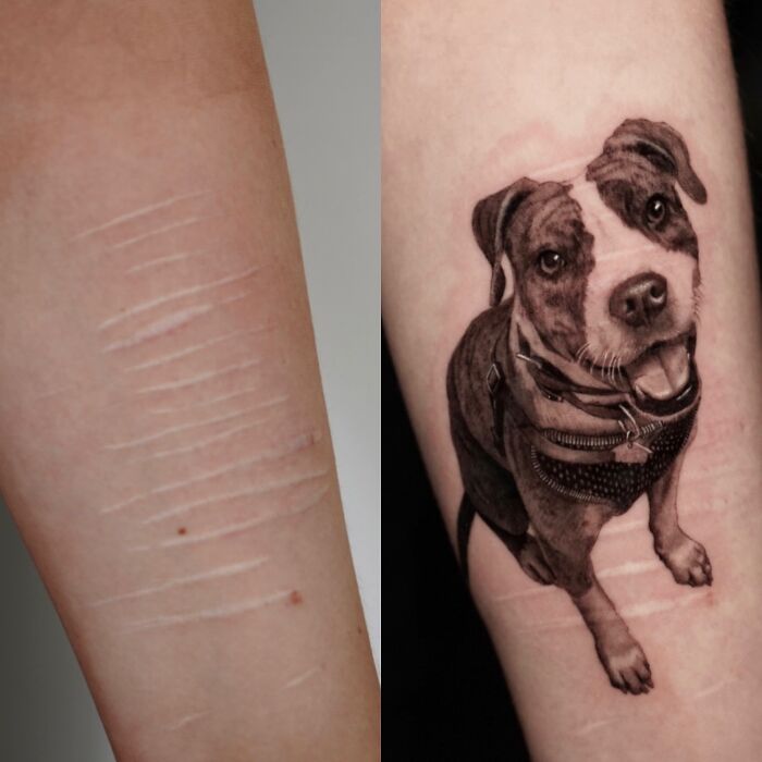 Beautiful tattoo idea executed perfectly: a realistic dog tattoo covering scars on an arm.