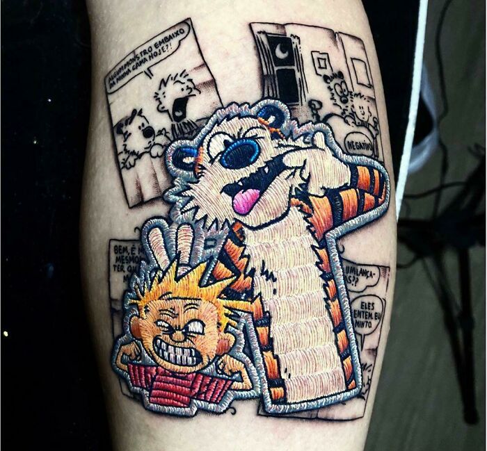 Beautiful tattoo idea featuring characters styled in an embroidered effect, executed with intricate detail.