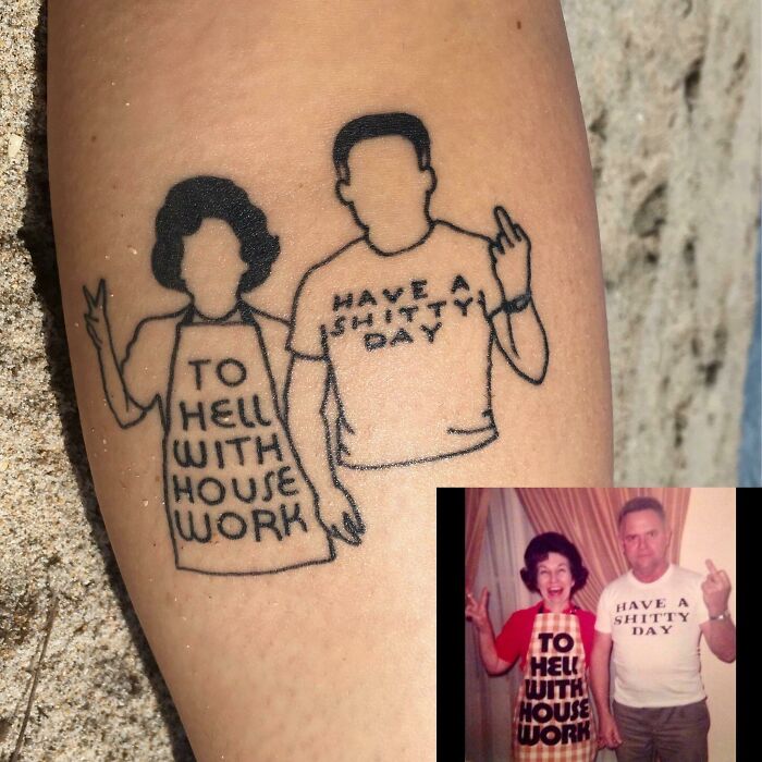 Beautiful tattoo executed perfectly, depicting a couple with matching humorous shirts, inspired by a vintage photo.