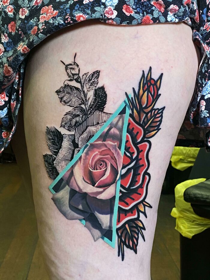 Beautiful tattoo with a rose and geometric accents, executed perfectly on a person's thigh.