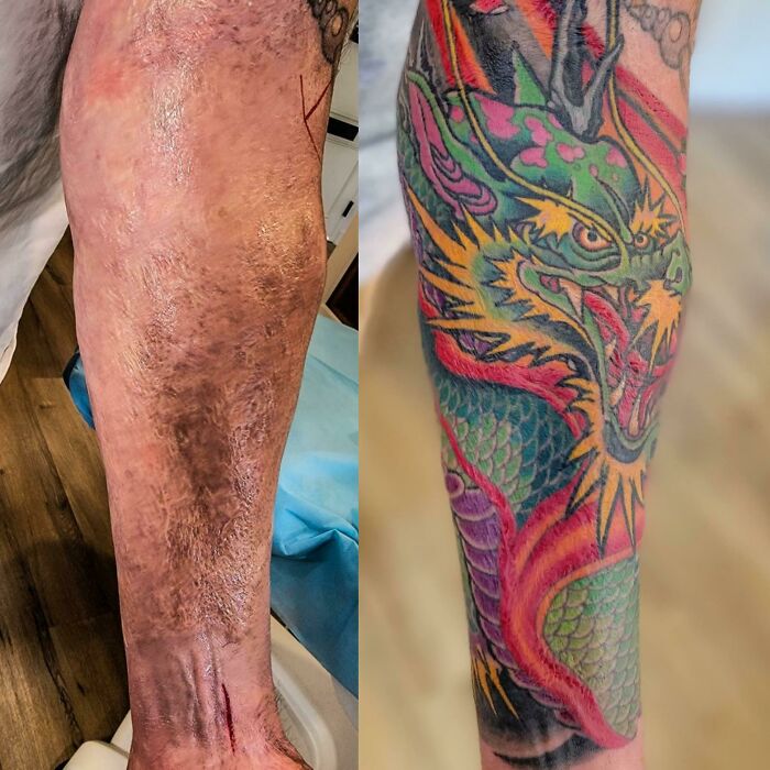 Arm transformation with a beautifully executed dragon tattoo, showcasing vivid colors and intricate details.